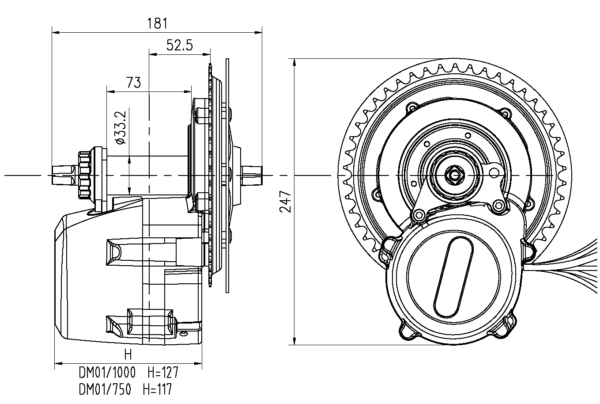 Schéma technique d'engrenages en noir et blanc.