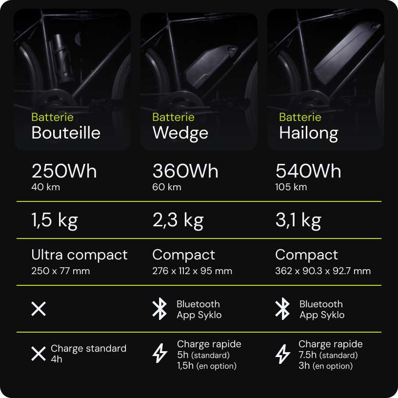 Comparison of three e-bike battery models and features.