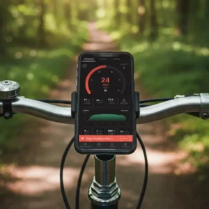 Telephone with cycling application on bicycle handlebars.