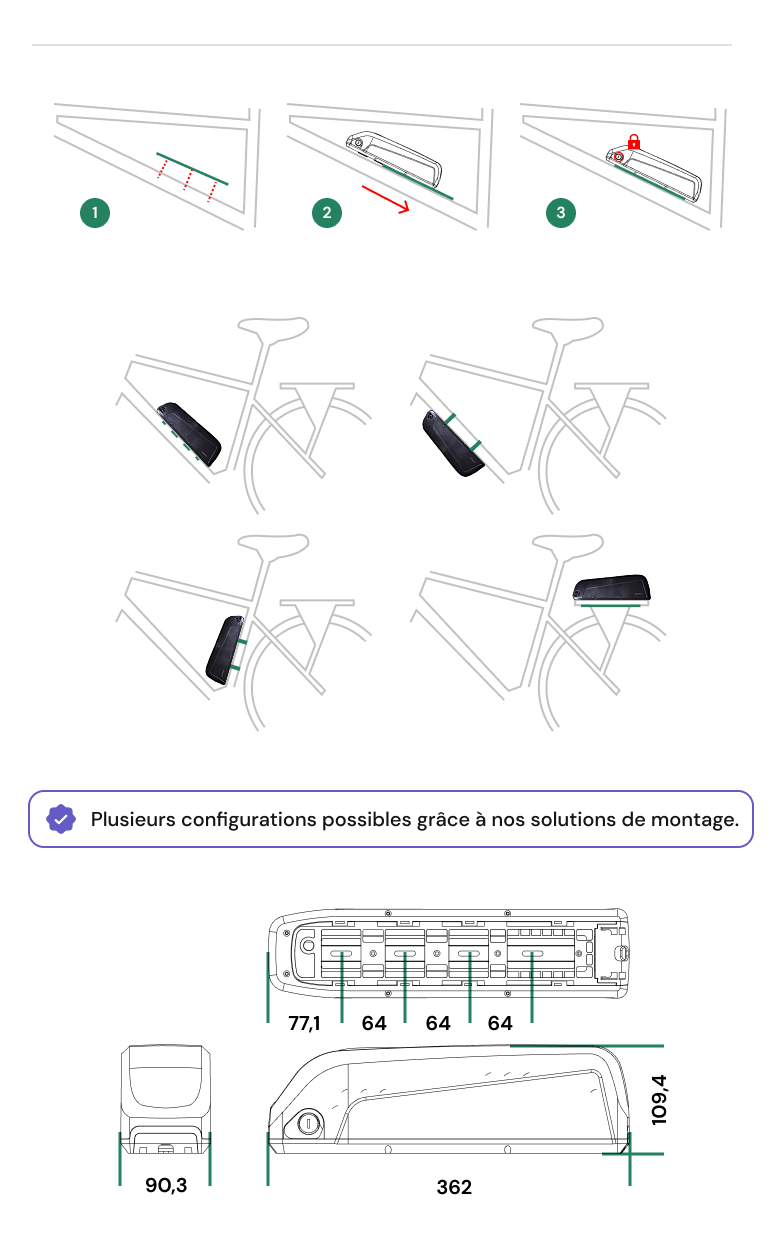 Guide d'installation batterie vélo électrique avec dimensions techniques