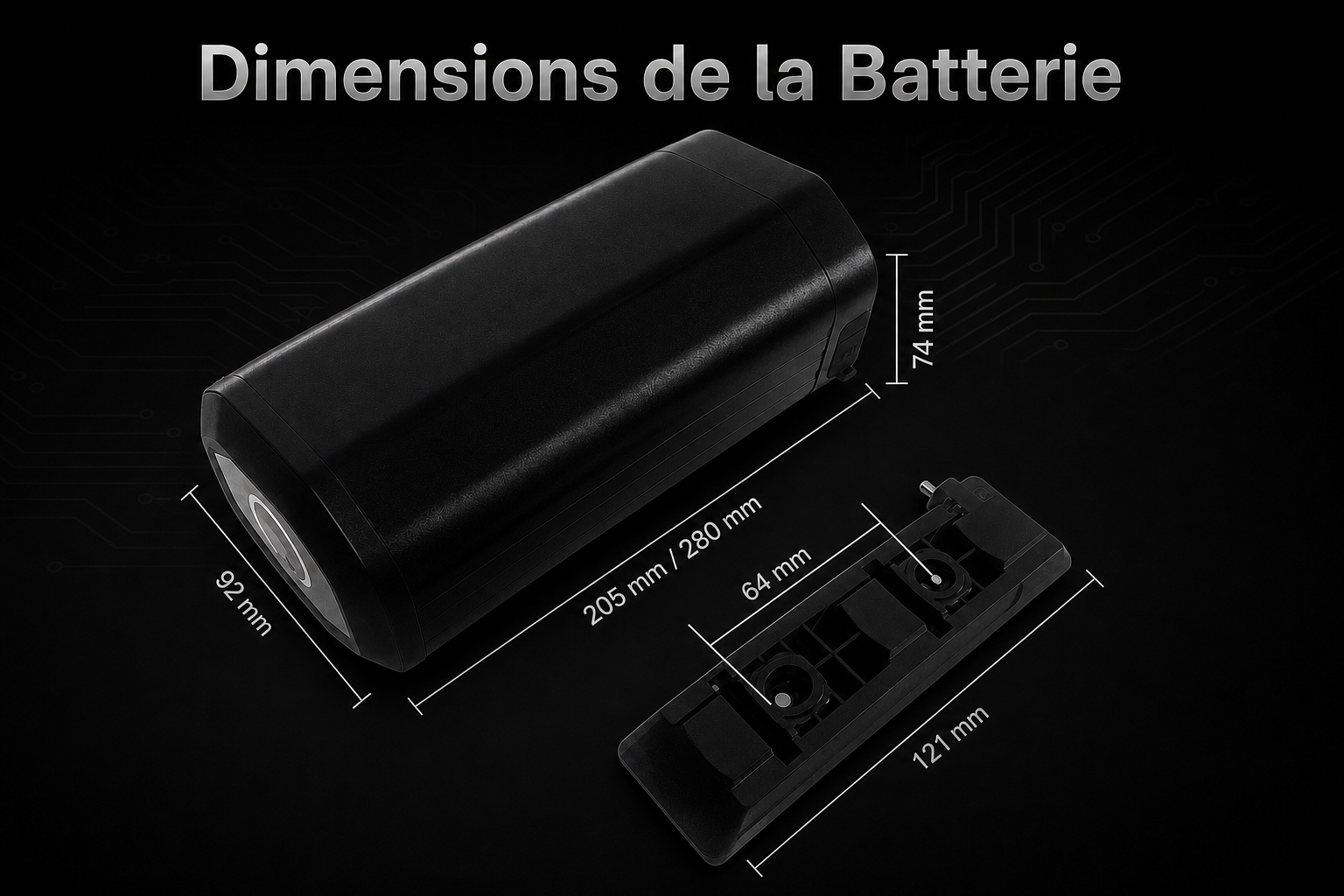 Dimensions détaillées d'une batterie noire avec support
