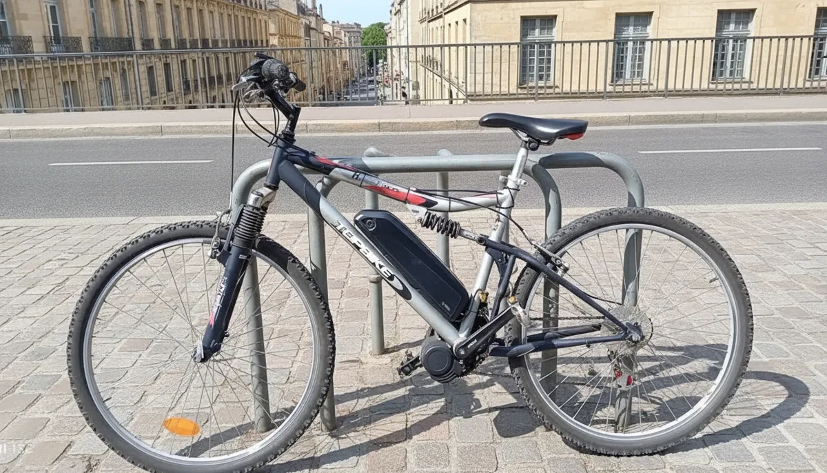 Vélo classique stationné devant un monument bordelais avant la pose d'un kit électrique