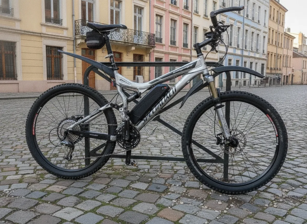Vélo lyonnais stationné avant l'installation d'un kit vélo électrique