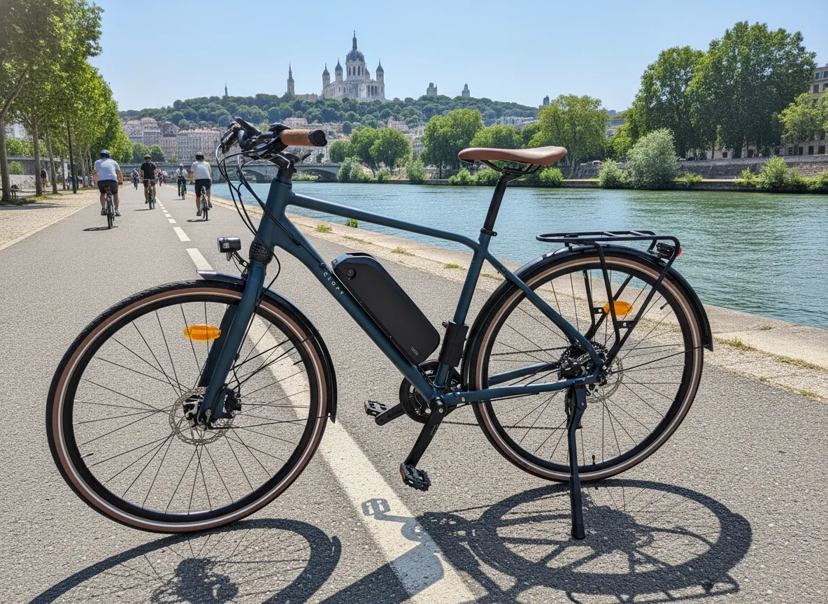 Vélo électrifié sur une piste cyclable lyonnaise, batterie sur le cadre