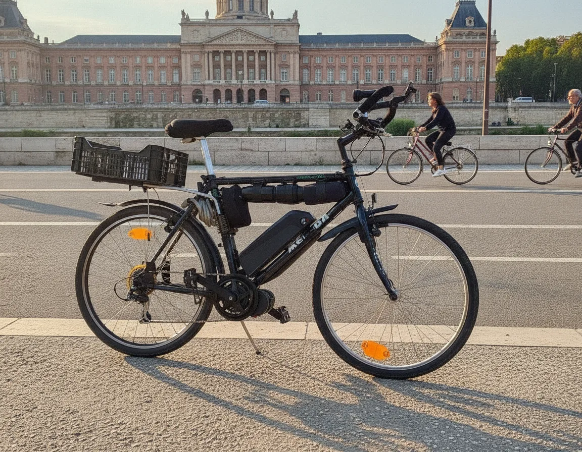 Cycliste toulousain sur un vélo équipé d'un kit d'électrification à moteur pédalier