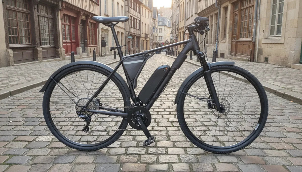 Batterie de kit vélo électrique fixée sur le cadre d'un vélo nantais